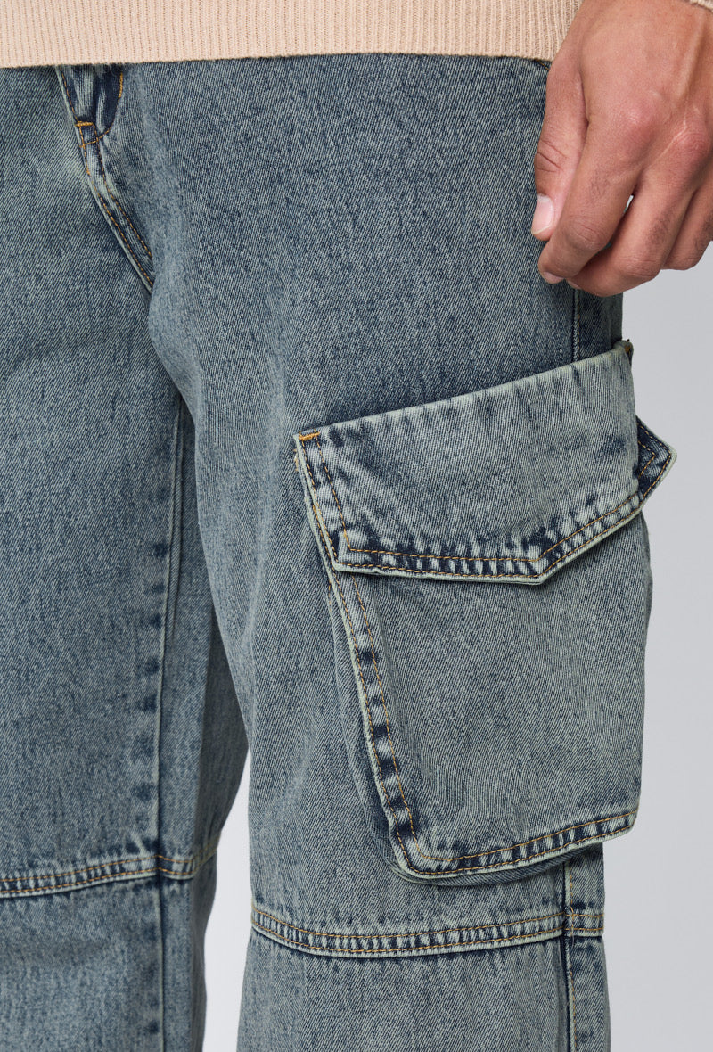 Flared cargo jeans Washed Blue