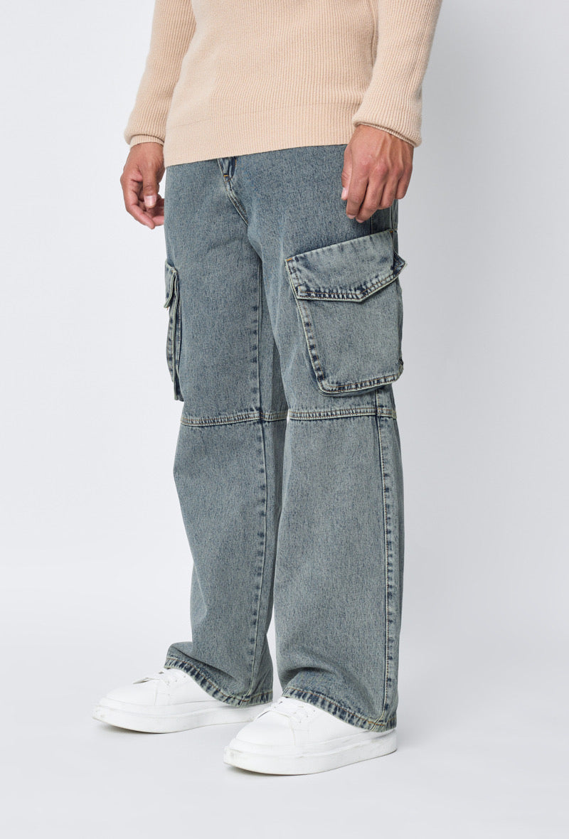 Flared cargo jeans Washed Blue
