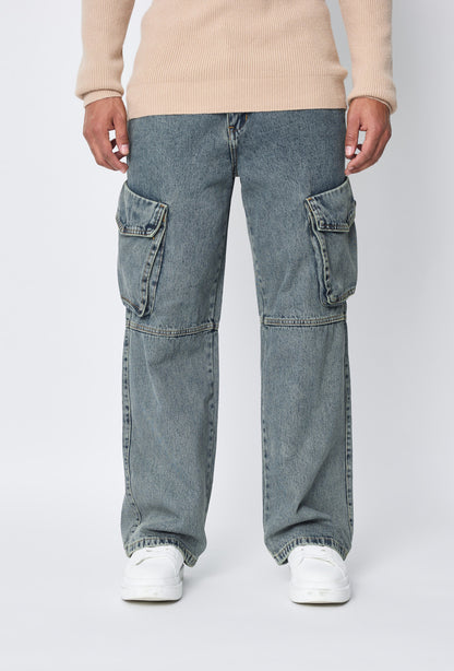 Flared cargo jeans Washed Blue
